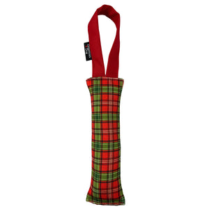 Red & green holiday plaid pattern fire hose dog toy with a red handle