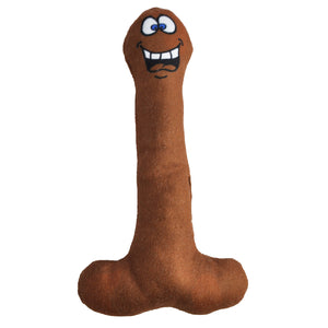 brown dick shaped dog toy with a happy cartoon face