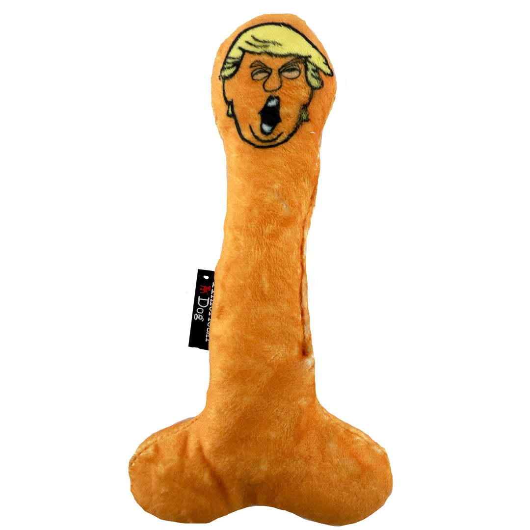 Orange dog toy shaped like a cartoon penis with a cartoon face of Trump  Trump dog toy