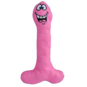 pink dick shaped dog toy with a happy cartoon face