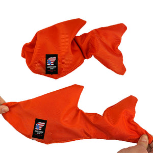 Orange fish shaped dog toy that stretches