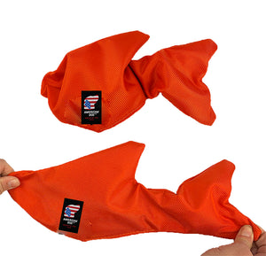 Orange fish shaped dog toy that stretches