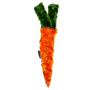 Orange Fleece Carrot shaped dog toy with green fleece top