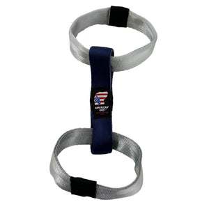 Silver & blue seatbelt web dog toy.  It has 2 loops connected by a center band
