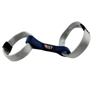 Silver & blue seatbelt web dog toy.  It has 2 loops connected by a center band
