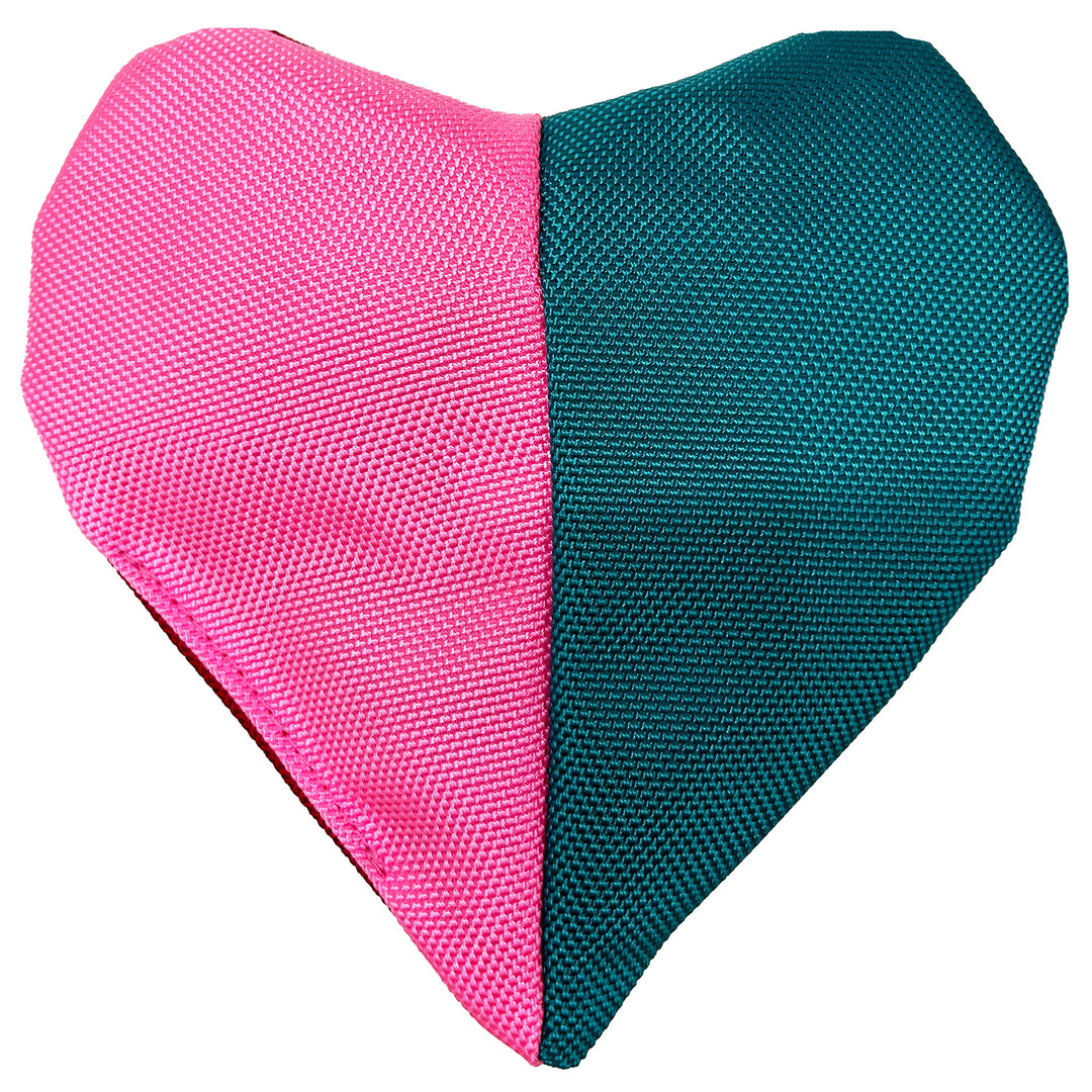 Heart-shaped dog toy with pink and teal sections on a white background