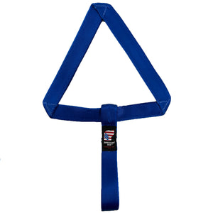 blue seatbelt in a triangle/arrow shape with a looped handle