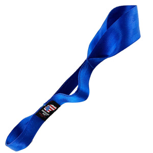 side view of blue open loop at top with a mid way down loop and a loop at the bottom made of blue seat belt web