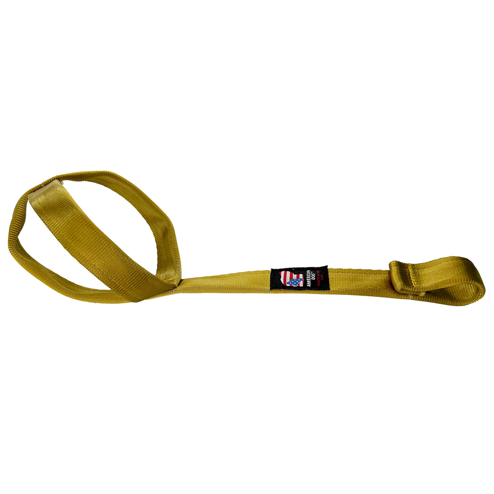 Gold seat belt with a long handle and double loop at end.