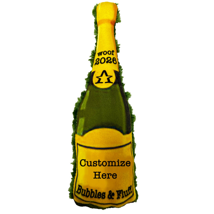 Toy shaped like a champagne bottle with customizable text on a white background