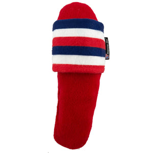 Flip Flop shaped dog toy that is red with a red, white & blue band