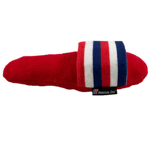 Flip Flop shaped dog toy that is red with a red, white & blue band