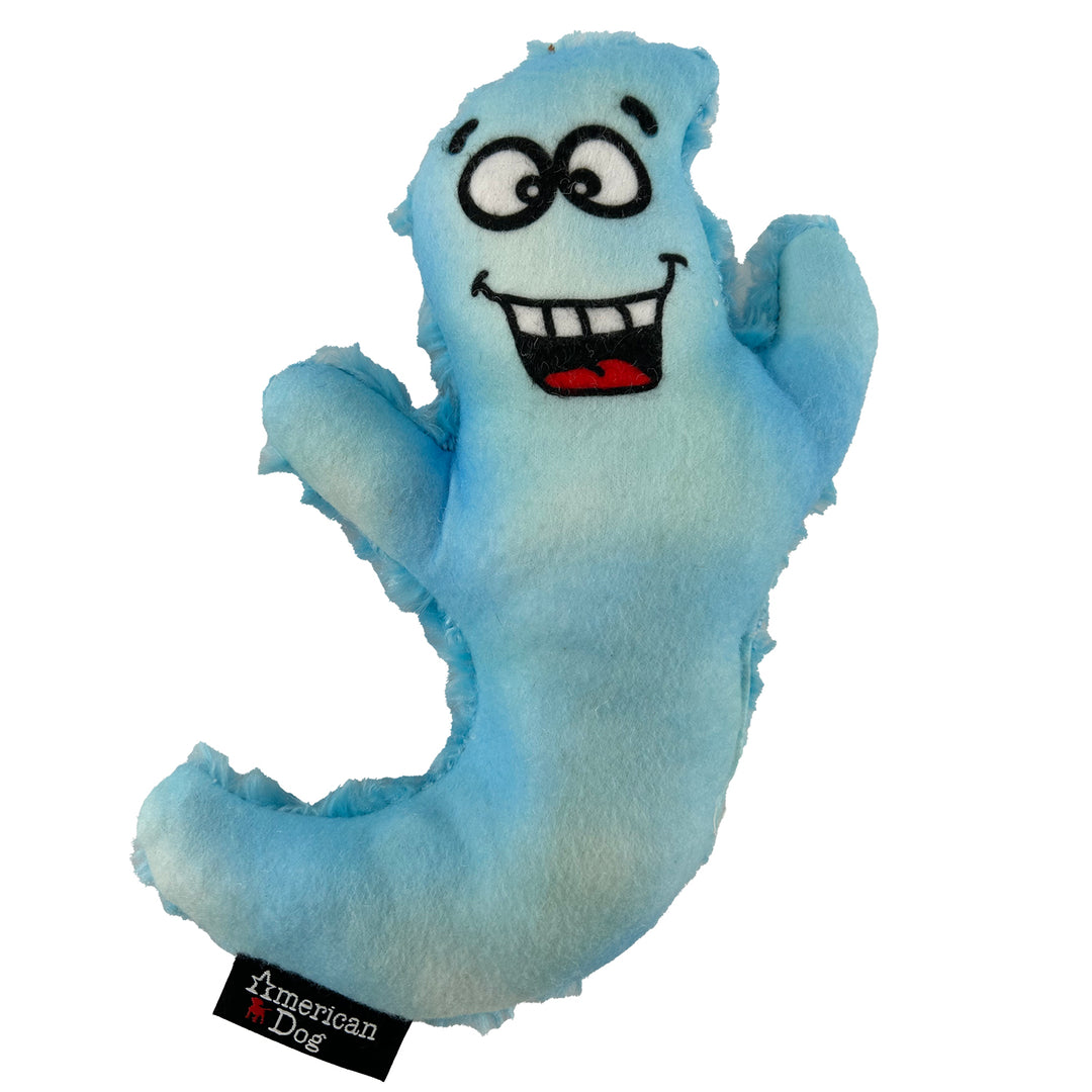 Blue Ghost shaped plush toy with a cartoon face on a white background, featuring the brand 'American Dog'.