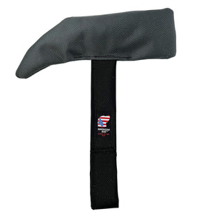 Hammer shaped dog toy.  Head is gray and the handle is black with a loop