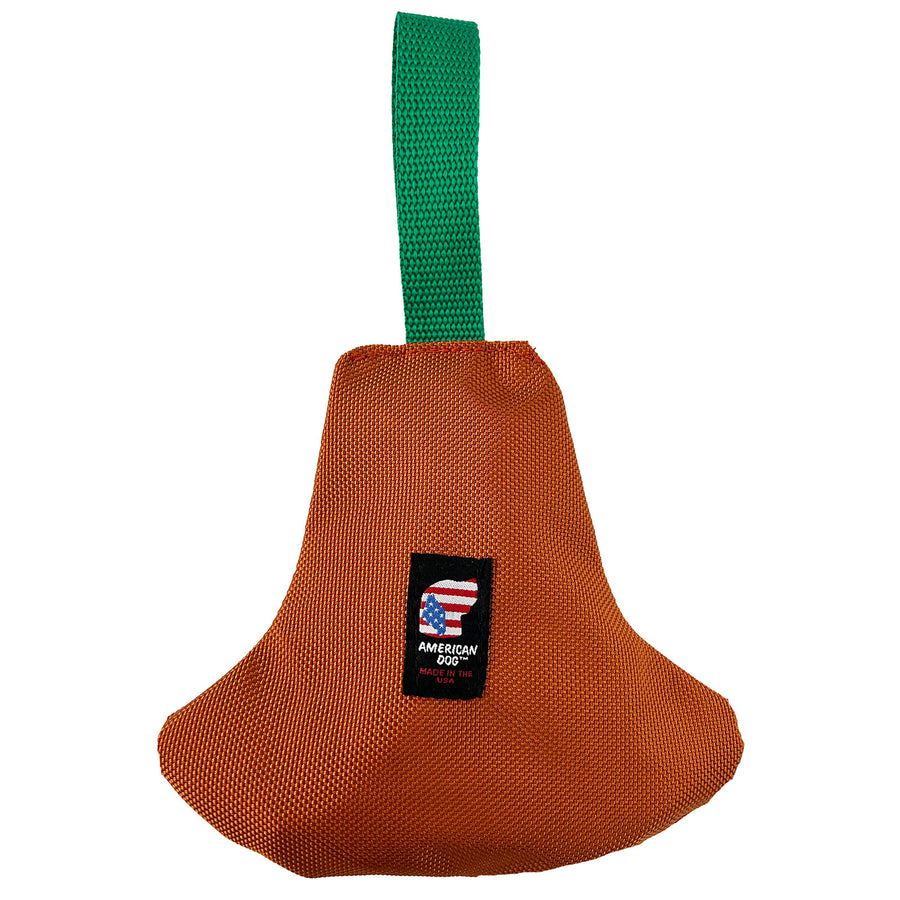 Bronze colored Bell shaped dog toy with a green handle