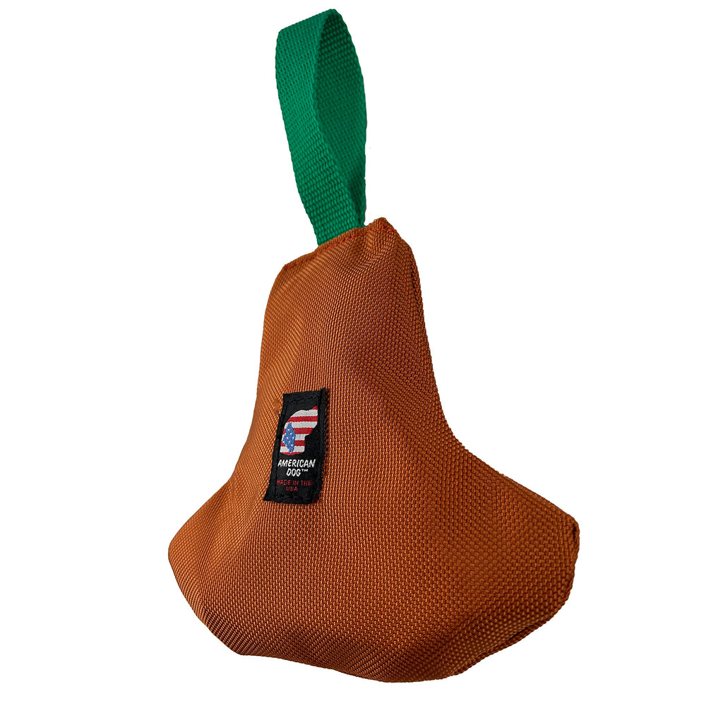 Bronze colored Bell shaped dog toy with a green handle