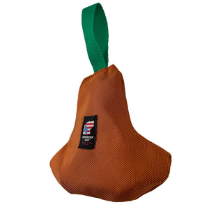 Bronze colored Bell shaped dog toy with a green handle