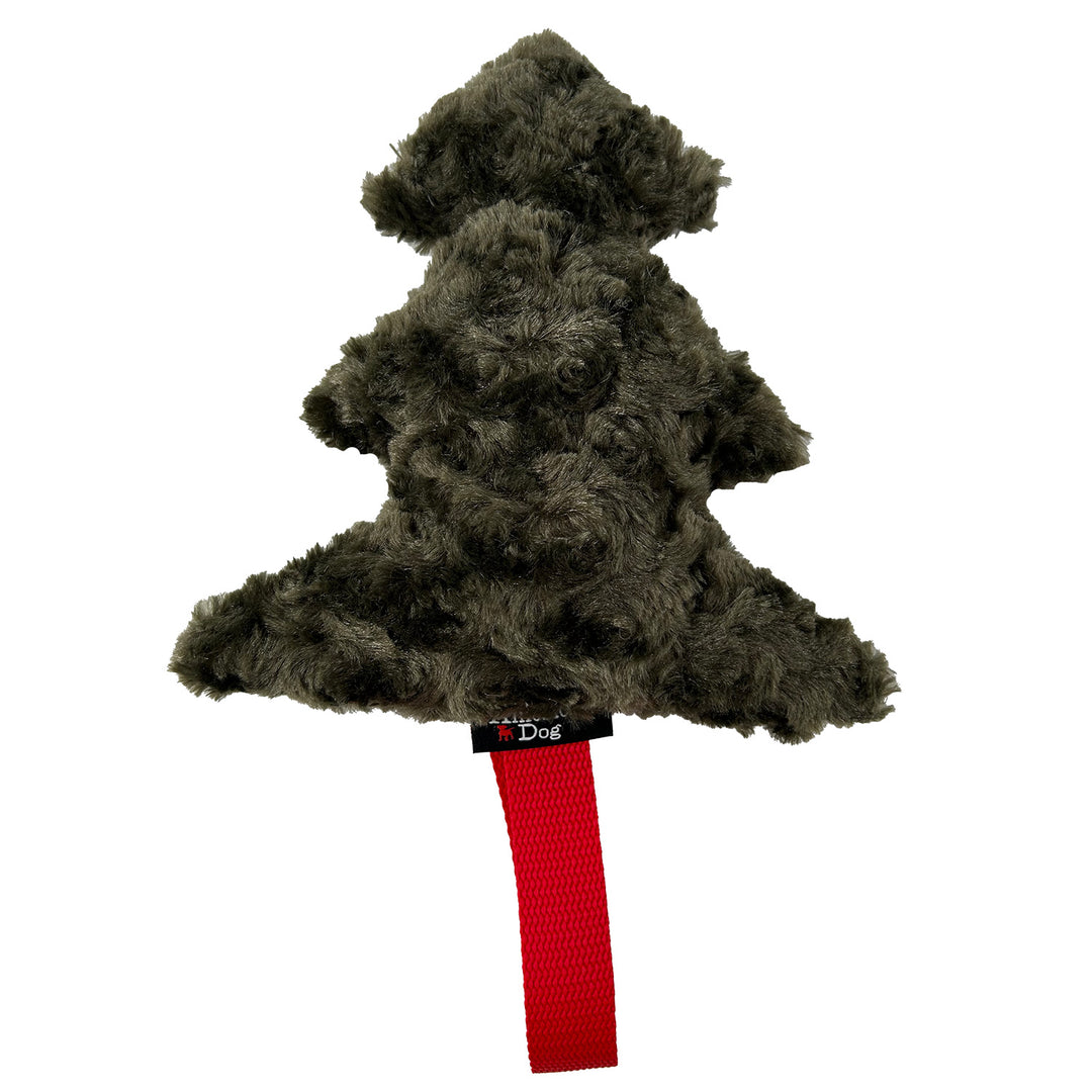 Green fleece pine tree shaped dog toy with red tug handle