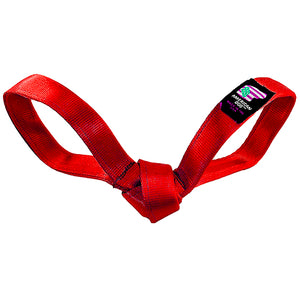 red seatbelt with two loops and knotted in the center