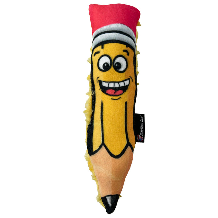 Yellow pencil shaped dog toy with a smiley cartoon face