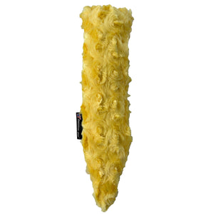 Yellow fleece backing to the pencil shaped dog toy