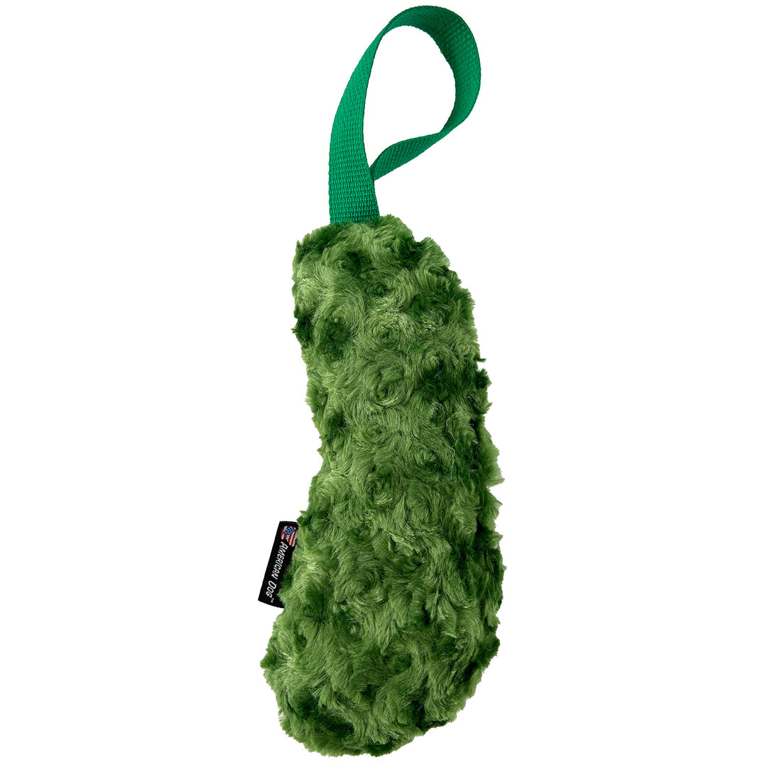 Pickle shaped dog toy back side of green swirly fleece and green tug handle