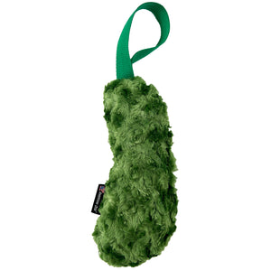 Pickle shaped dog toy back side of green swirly fleece and green tug handle