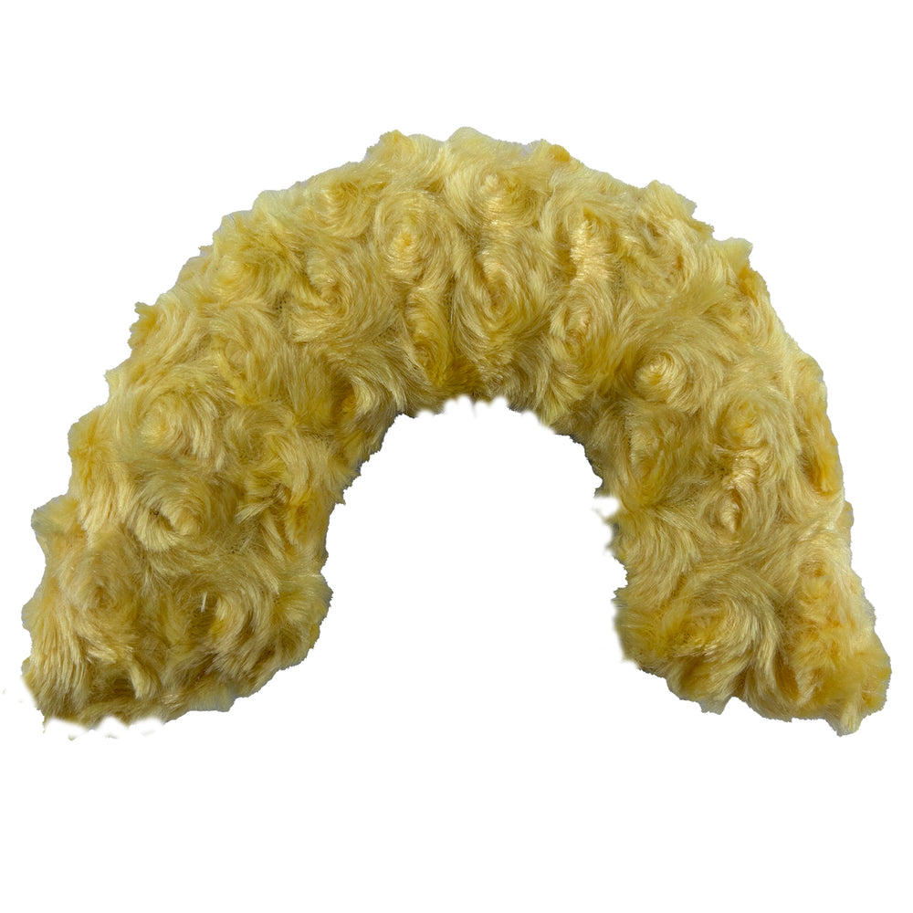 Arch shaped yellow fleece dog toy. Back of rainbow toy