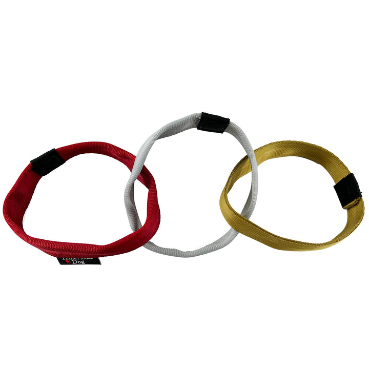 Three connected seat belt web rings of red, silver & gold.