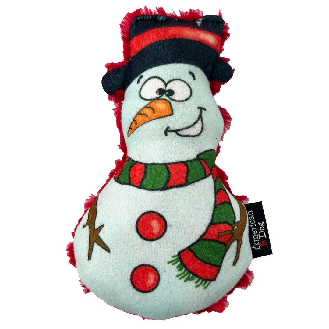 Plush snowman toy with a red scarf and black hat on a white background