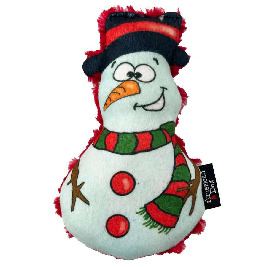 Plush snowman toy with a red scarf and black hat on a white background