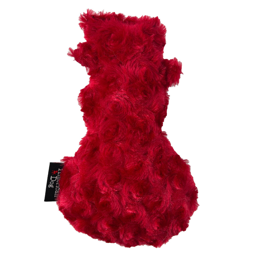 Red plush dog toy with American Dog brand tag on a white background
