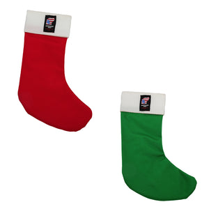 Red & green stocking shaped dog toys with white at the top