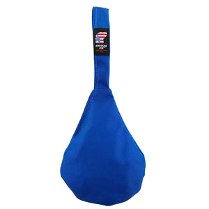 Blue water drop shaped dog toy with blue tug handle