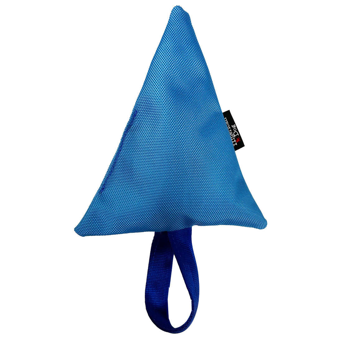 Blue triangle tree shaped dog toy with a blue handle