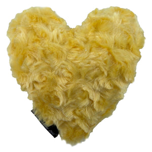 Yellow fleece in the shape of a heart dog toy. backside of toy