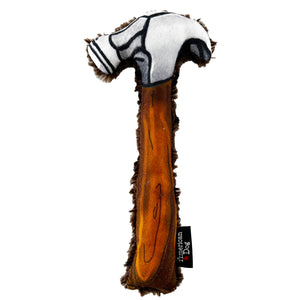 A plush hammer-shaped dog toy with a brown faux-wood handle