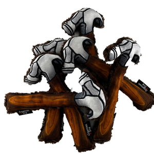 a pile of A plush hammer-shaped dog toys with a brown faux-wood handles