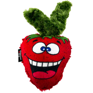 Plush dog toy shaped like a strawberry with a smiling cartoon face and an American Dog label