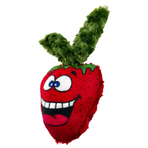 Plush dog toy shaped like a strawberry with a smiling cartoon face 