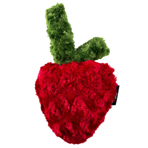 red swirly fleece back side of strawberry dog toy with green topper