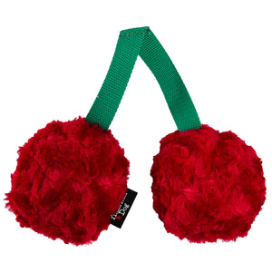 double cherry red fleece dog toy with green connecting handle