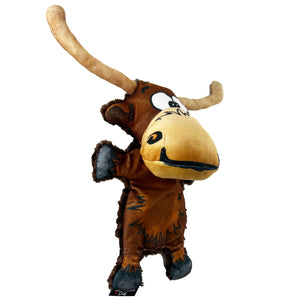 Longhorn steer shaped dog toy with a smiley cartoon face
