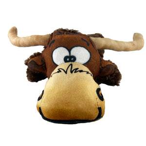 Longhorn steer shaped dog toy with a smiley cartoon face