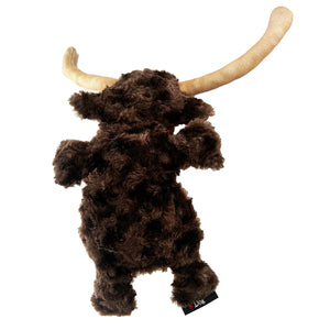 Longhorn steer shaped dog toy back side of brown swirly fleece