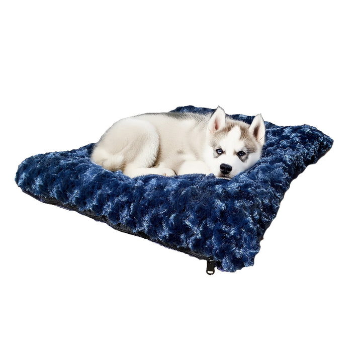 White Husky lying on a Blue fleece bolstered rectangle dog bed