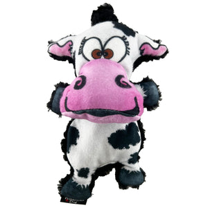 Plush black spotted  cow dog toy with pink muzzle and a cartoon smiley face