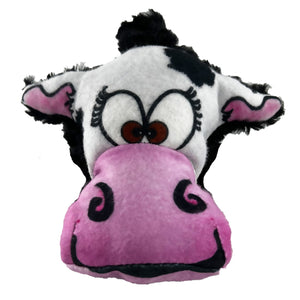 close up of a plush black spotted  cow dog toy with pink muzzle and a cartoon smiley face