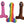 Three dog toys in the shape of a penis .  Pink and brown with a cartoon face.  Rainbow striped without a face