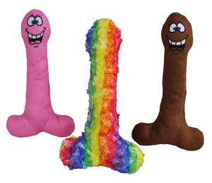 Three dog toys in the shape of a penis .  Pink and brown with a cartoon face.  Rainbow striped without a face